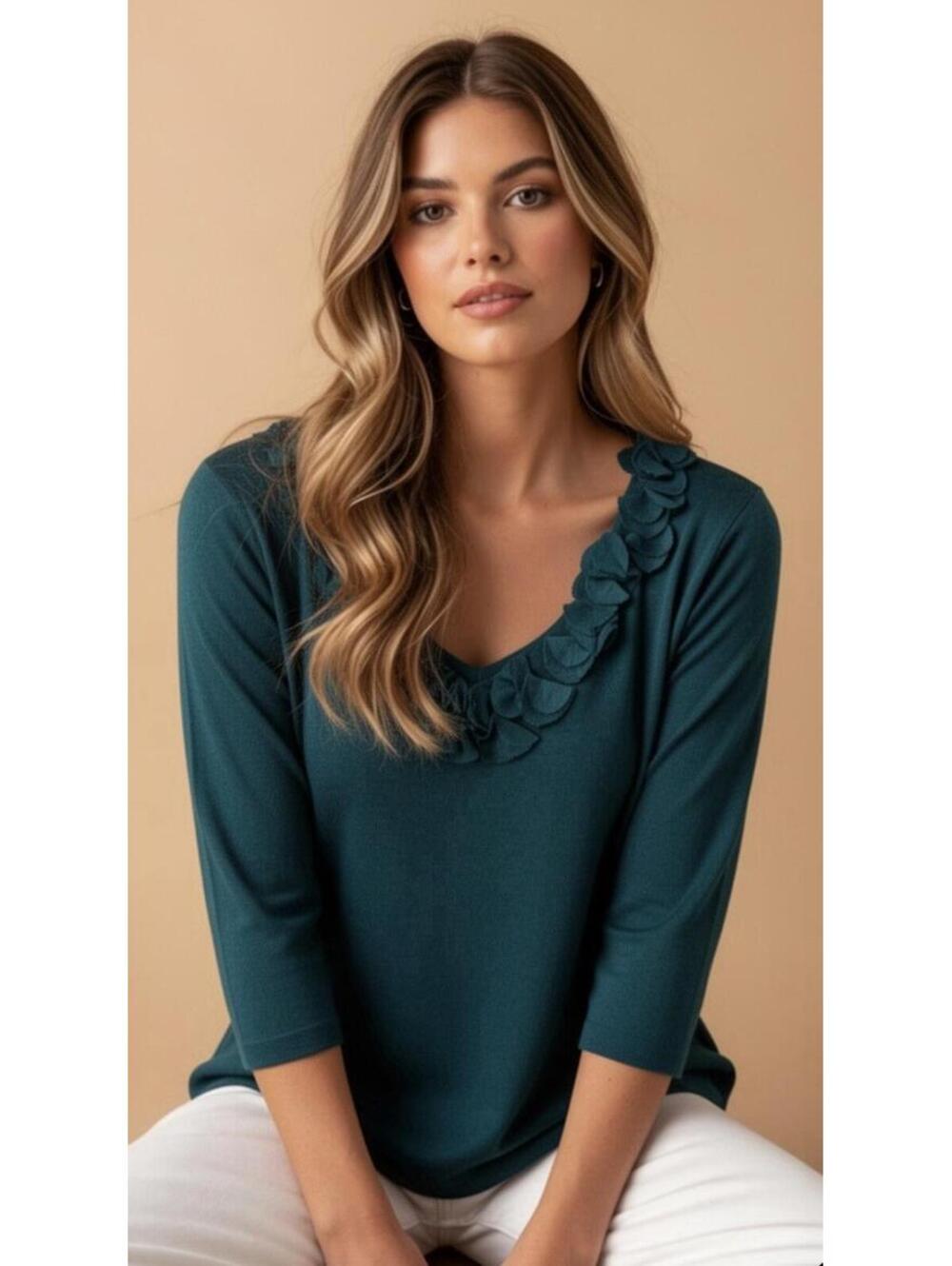 TALBOTS Women’s Vintage Ruffled V Neck 3/4 Sleeve Jersey Sweater in Teal-Medium